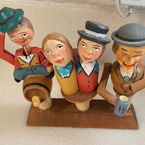 Vtg 3 German Hand Carved Wooden Mechanical Bottle Stoppers /Corks On Stand